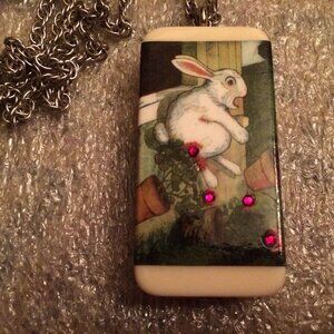 EASTER - 1980s Domino Easter Bunny Decoupage Pendant (28" Lane Bryant Chain)